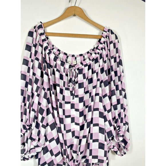 Cato 26/28W Blouse Top Shirt Check Print Chiffon Tie Front Purple Black White - Picture 4 of 11